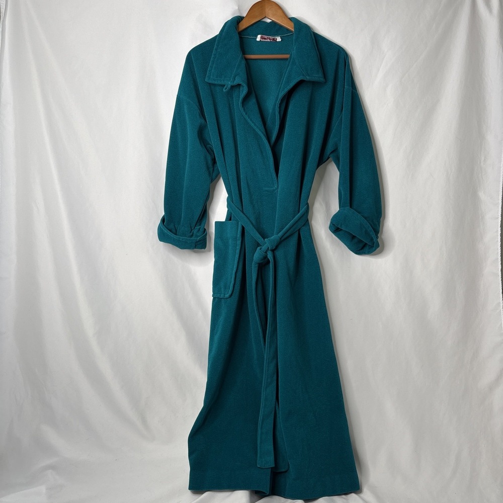 Vanity Fairโ Vintage Womens M Green Aqua Fleece Long Sleeve Robe Sleepwear USA